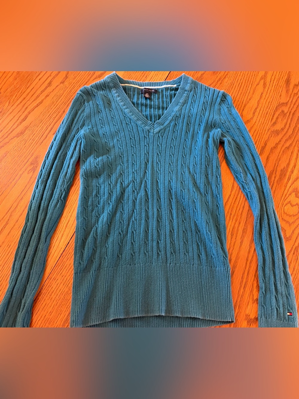 Tommy Hilfiger Teal Cable-Knit V-Neck Sweater